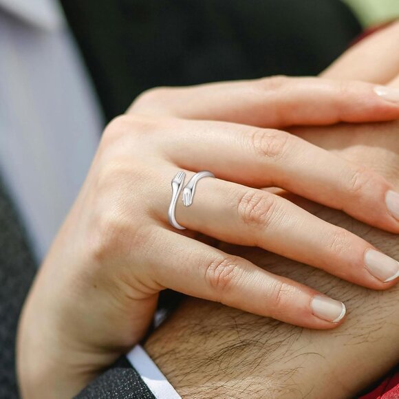 Sterling Silver Hug Ring Adjustable Women Girls Gift Love Jewelry - Picture 4 of 9